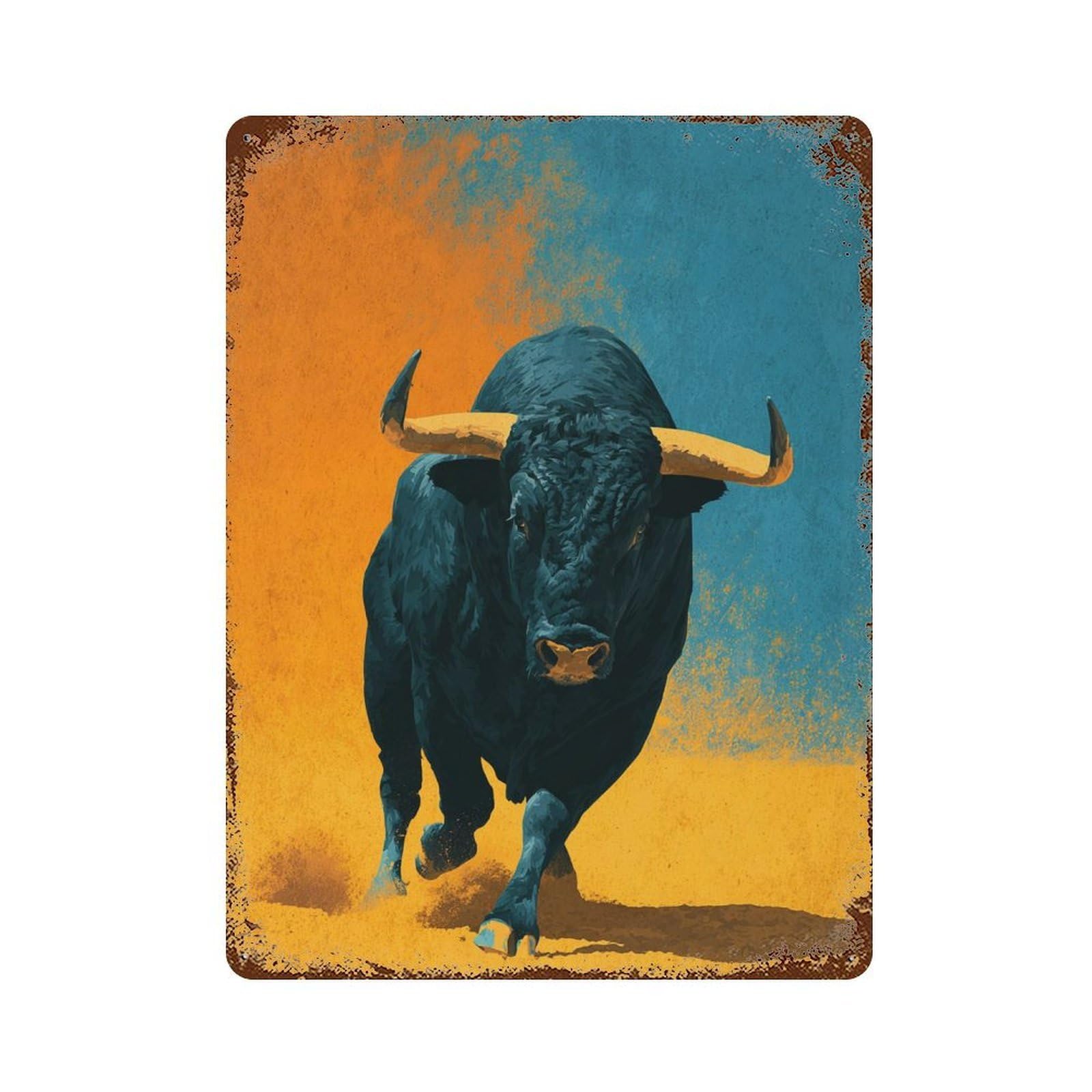 Black Bull Charging Rusty Metal Tin Sign 15.7"x11.8", for Pub, Kitchen And Man Cave Decor, Novelty Wall Decor