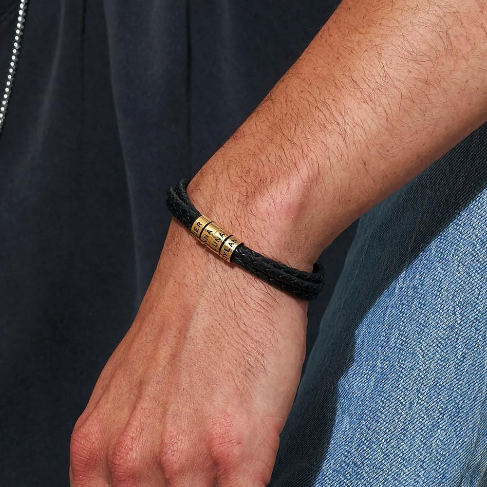 MyNameNecklace Personalized Braided Leather Bracelet with Silver or Gold Beads for Him, Men - Custom Gift for Father's Day - Genuine Leather - Engraved Sterling Silver or 14K Solid Gold Beads