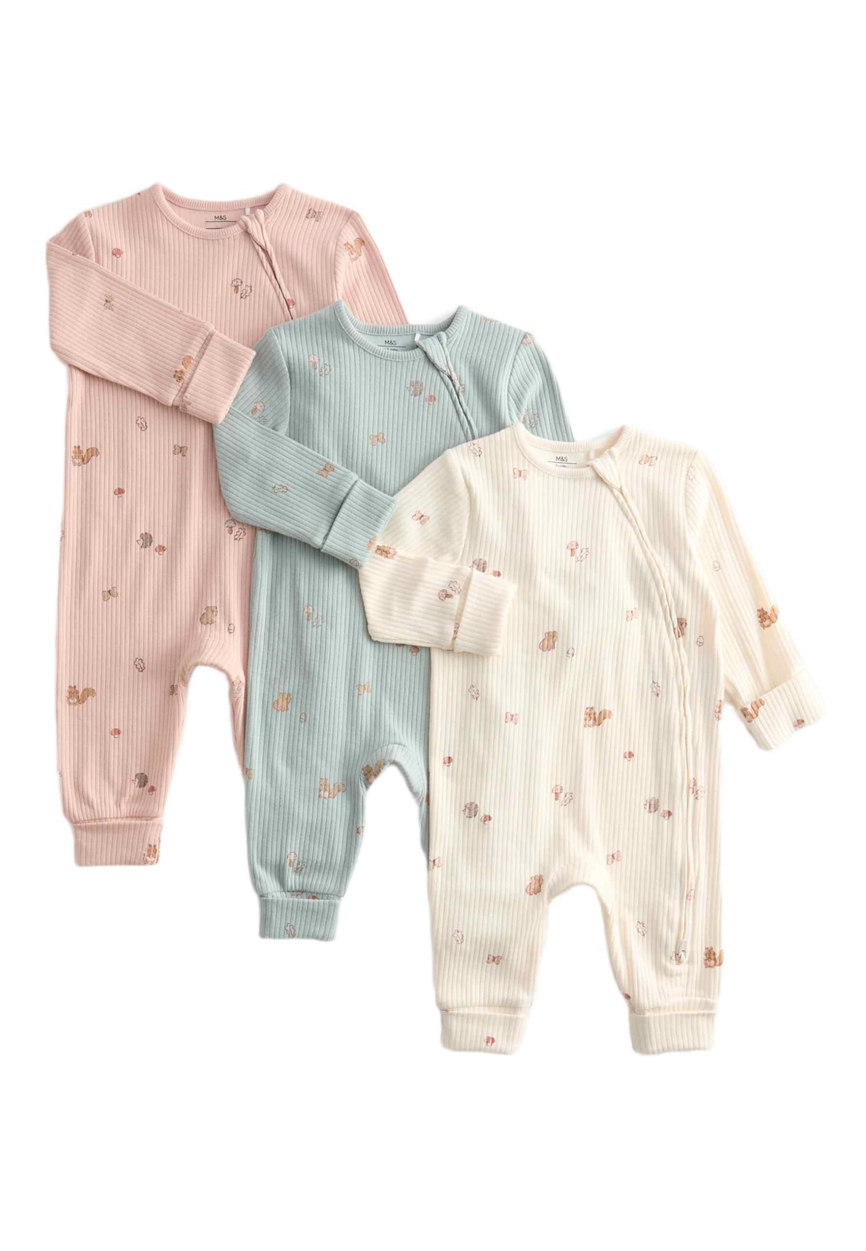 Marks & Spencer Grenouillères Bébé Lot de 3 Imprimé Forêt, Mixte Garçon et Fille, 100% Pur Coton, Coupe Standard, avec Stretch