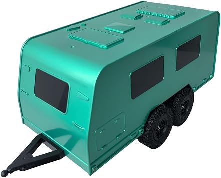 Travel Camper Trailer with 4x1.0 Wheel Tires,Simulation RV Vehicle Rear Open Door Dual-axle RV Car with Hitch for 1/18 RC Crawler Car TRX4M Upgrade Parts Green