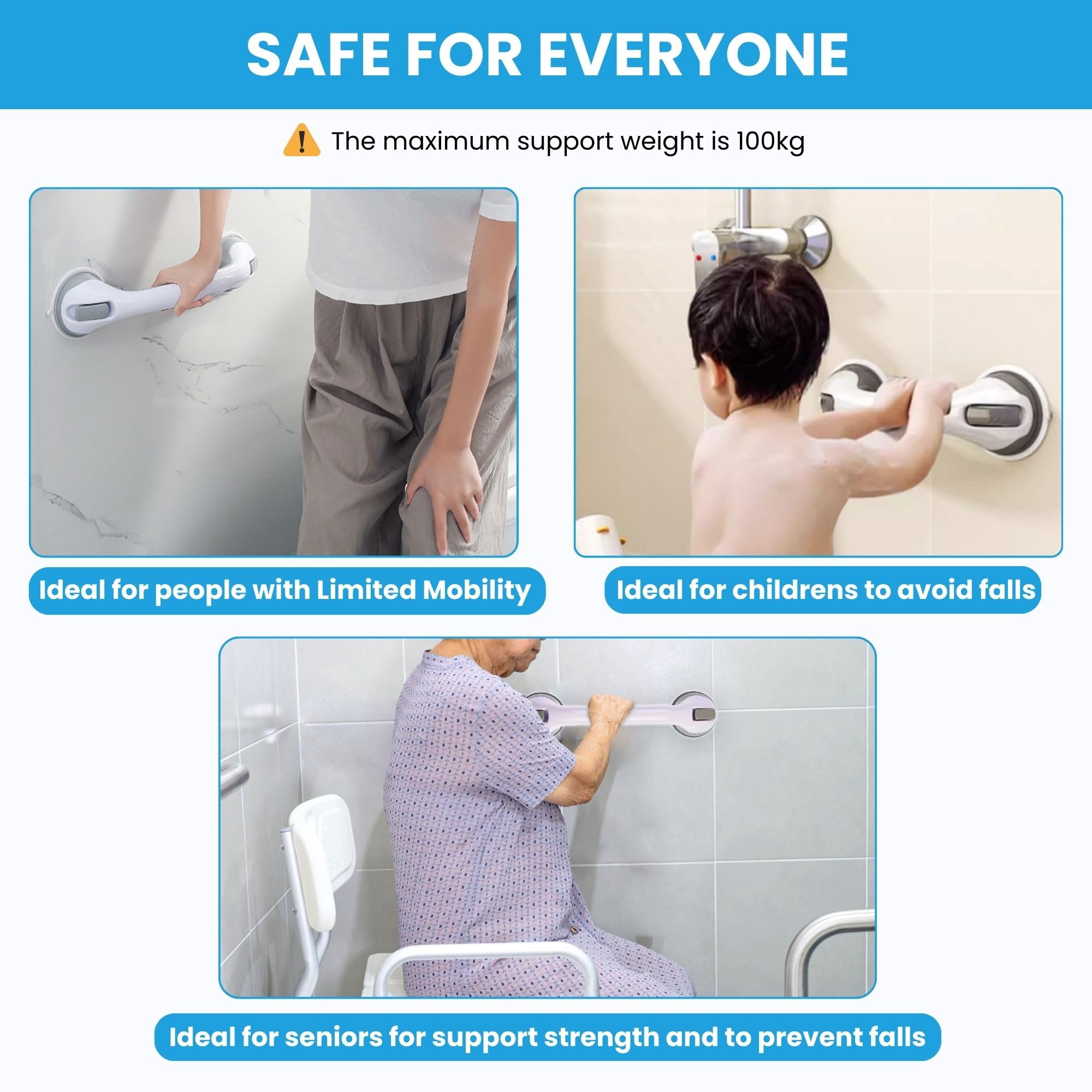 2X Barra de Agarre para Baño con Ventosa Antideslizante 42 cm | Asa de Seguridad para Bañera, Pasamanos de Ducha para Ancianos, Discapacitados, Niños, Peso Máximo 100Kg