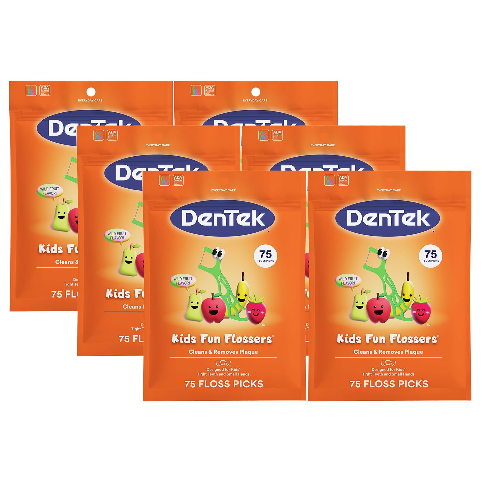DenTek Kids Fun Flossers, Removes Food & Plaque, Wild Fruit Flavored Floss Picks, 75 Count, 6 Pack