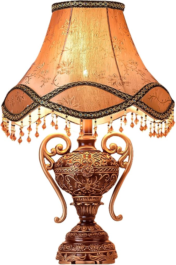 MLYYX Victorian Style Table Light Lace Traditional with Fabric Shade Victorian Table Lamp with E27 Bulb Vintage Fabric Table Lamp for Bedroom Living Room Office Study（Brown）