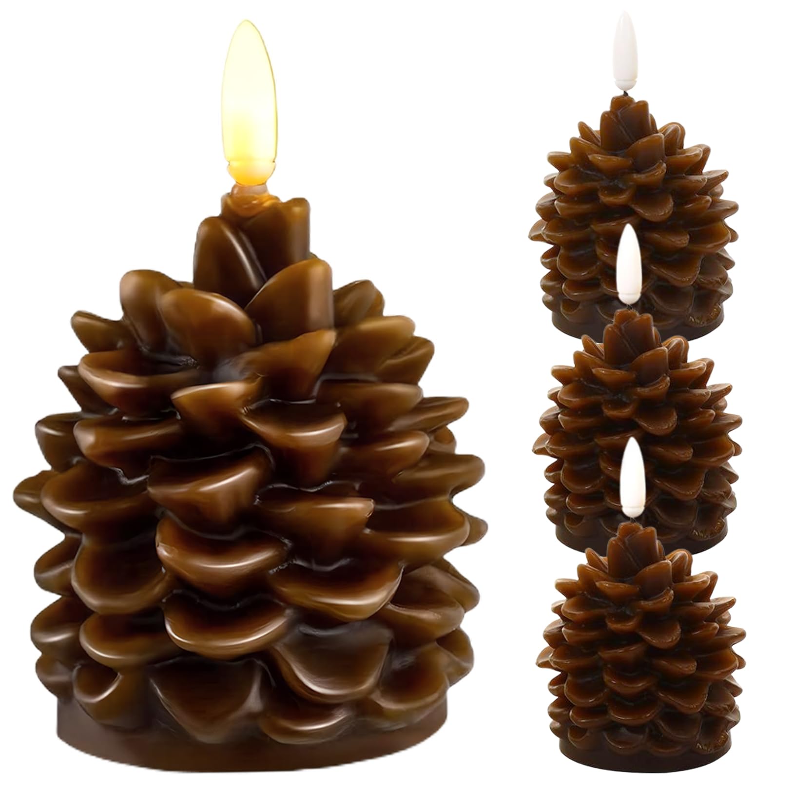 4Pcs Realistic Pinecone Flameless LED Candles - Battery Operated, Unscented Paraffin Pinecone Candles for Christmas Table & Fireplace Decor