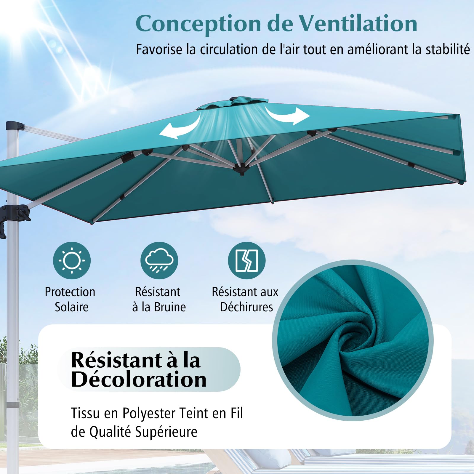 COSTWAY Parasol Déporté 3x3M, Carré de Jardin Avec Base en Croix, Inclinable 5 Angles et Hauteurs Réglables, Excentré Rotatif à 360° Avec Manivelle et Double Toit (Bleu)