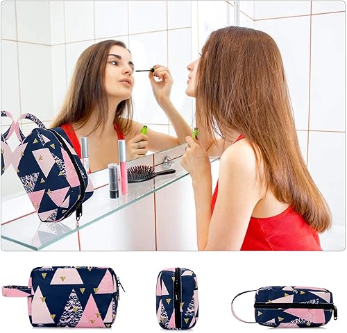 Miniatura 7 de HUA ANGEL Bolsa de maquillaje de viaje, bolsas de cosméticos de gran capacidad para mujeres, bolsa portátil impermeable con asa, Triangle Pattern