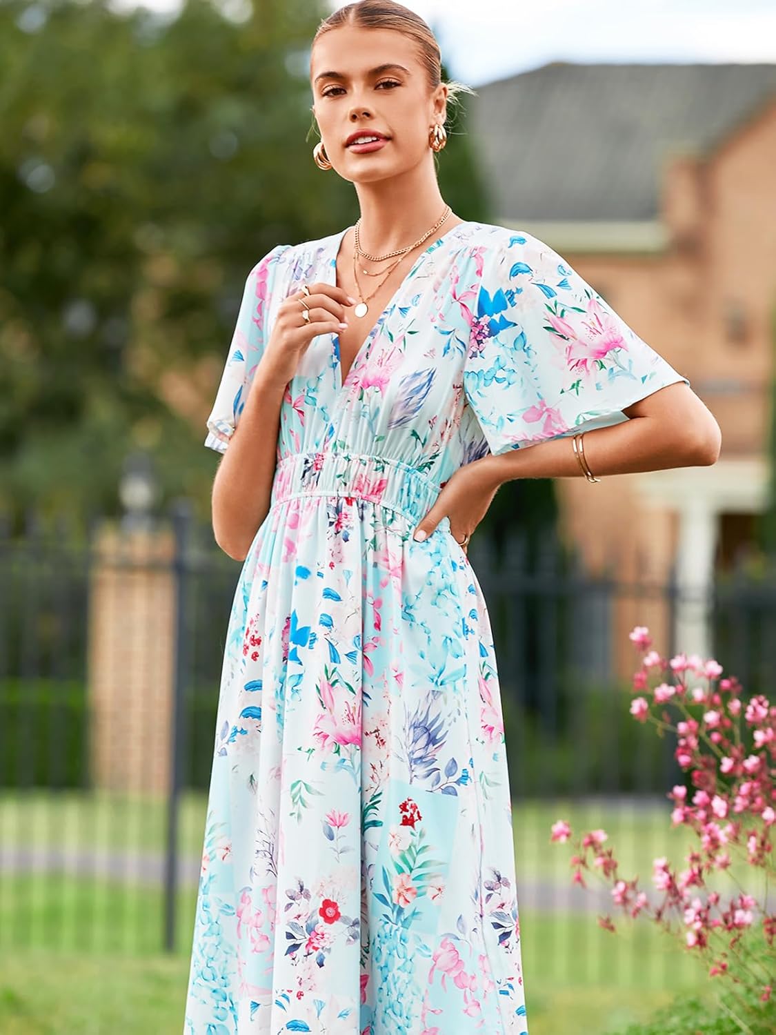 Womens V Neck Flutter Sleeve Boho Midi Dress Summer Wedding Guest Beach Party Long Dresses - Image 3