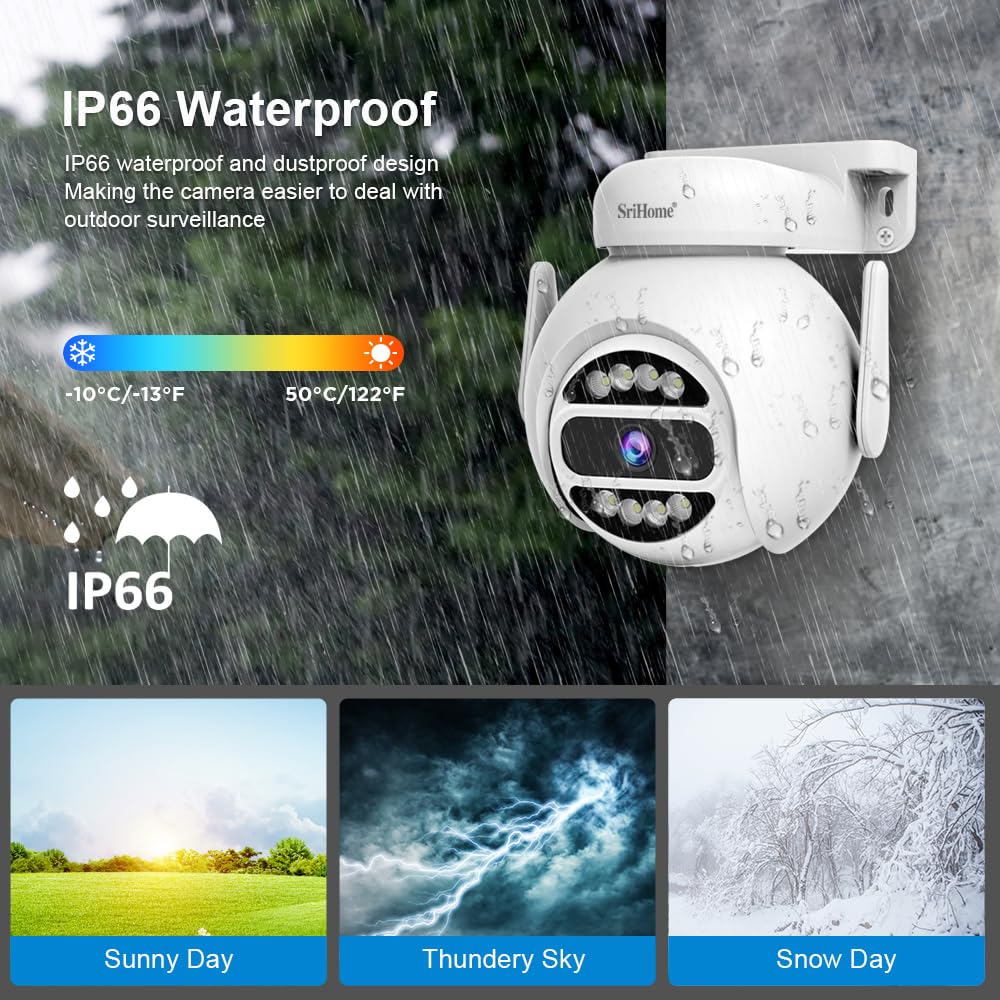 SRIHOME 4MP Rete WiFi a Doppia Banda, Fotocamera di Sorveglianza PTZ, Inseguimento Movimento, Visione Notturna, IP66 Impermeabile, Audio 2-Way, Tutela Della vita Privata, Uso Interno/Esterno