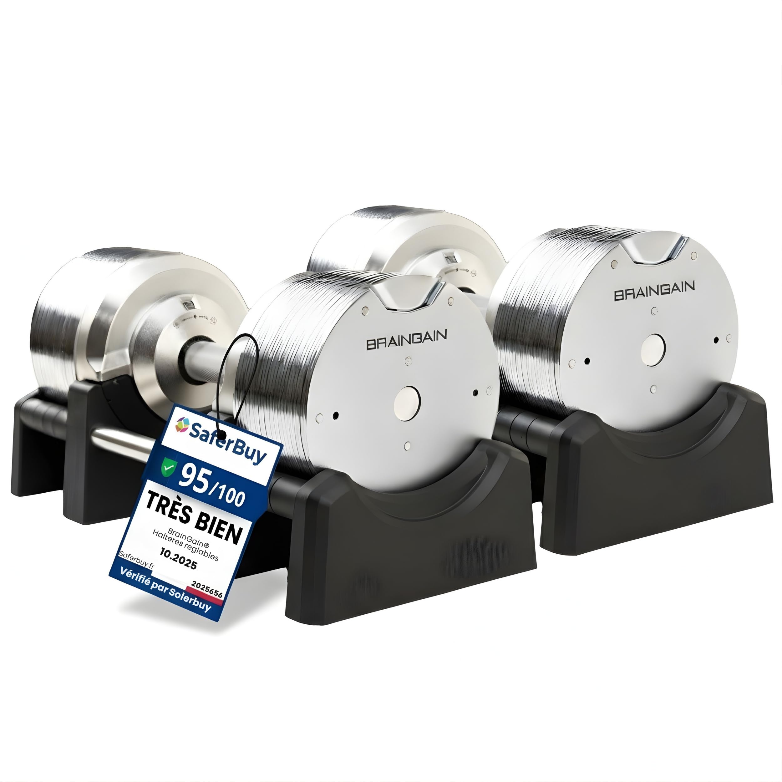 BRAINGAIN Haltères Réglables Set 23,5kg/32,5kg/41,5kg – Maintenant avec poignée Gen 4 de 34mm – Changez de poids en 1 sec – Équipement de gym maison gain de place – Plusieurs poids en un – Chrome/Noir