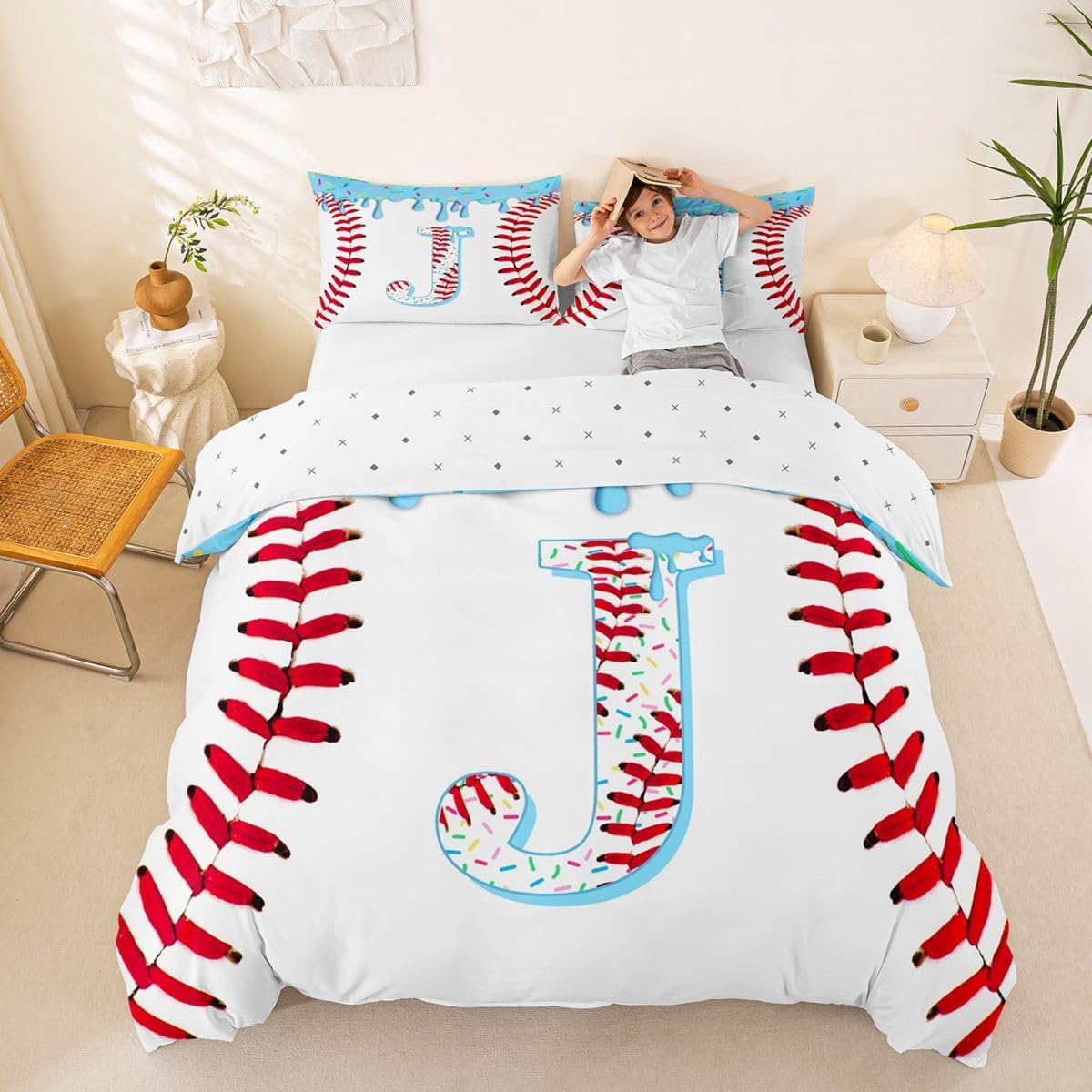 Erosebridal Ice Cream Toddler Duvet Cover Alphabet J Baseball Boys Bedding Set Ball Sports Games Comforter Cover for Kids Boys Teens Adults Dessert Sweet Cream Candy Bed Set