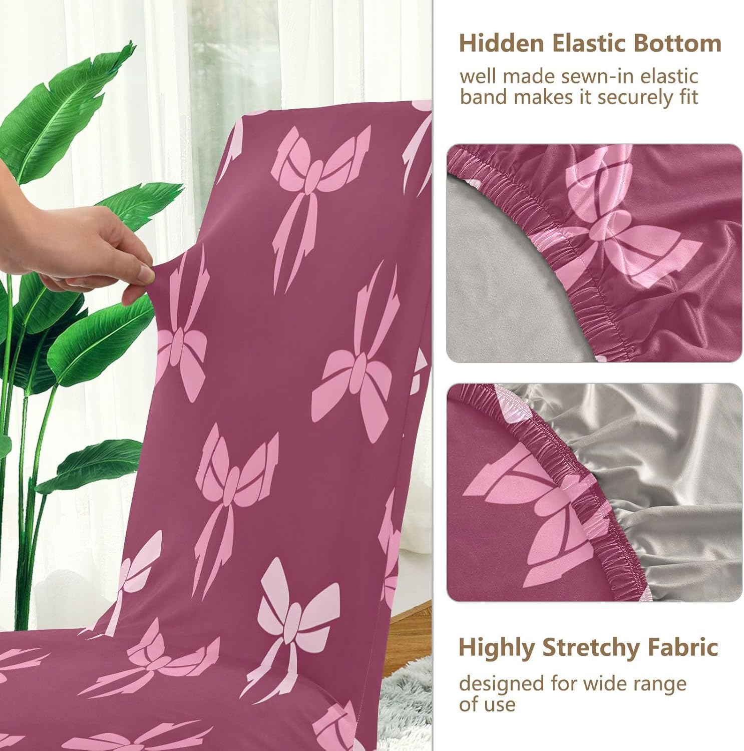 ALAZA Chair Covers for Dining Room, White Pink Bows Pattern Stretch Chair Cover Sets Chair Protector Removable Washable for Ktichen Restaurant Hotel