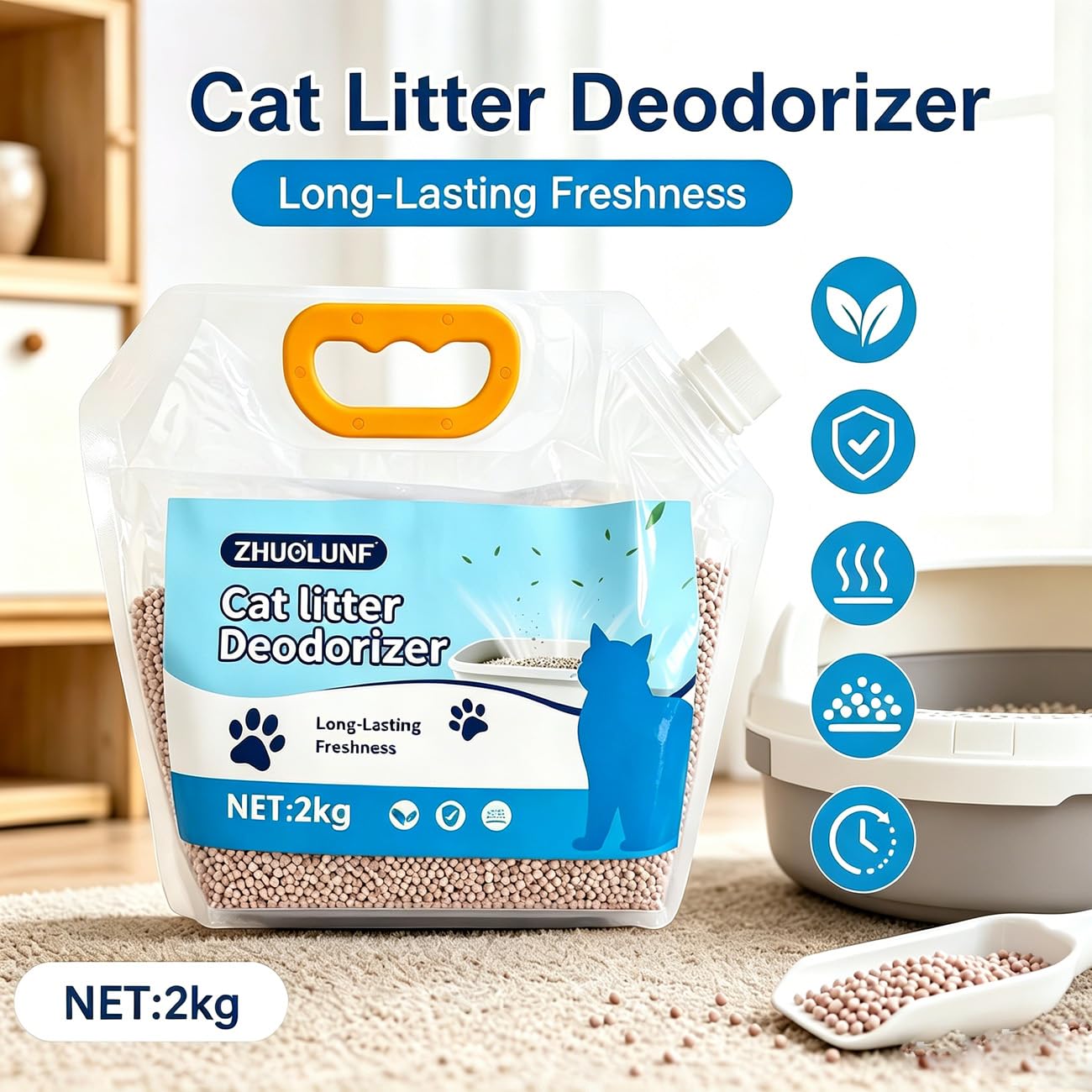 Granuli Deodoranti per Lettiera Gatti, Anti-Odore (2kg) | Granuli deodoranti per lettiera gatto, senza profumo, assorbiodori, compagno di lettiera