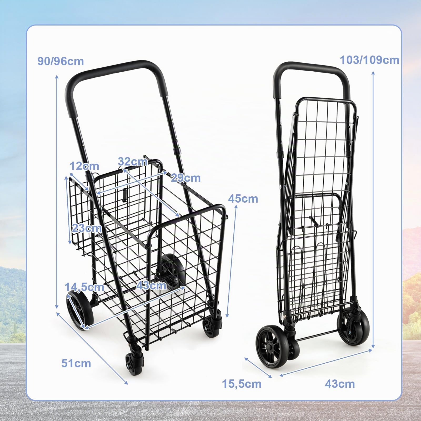 GYMAX Carro de la Compra Plegable de Metal, Carrito Compra Portátil con Doble Cesta 48 L+10 L, Soporta hasta 20 kg, 4 Ruedas, con Asa Ajustable de 89 a 95 cm (Negro)