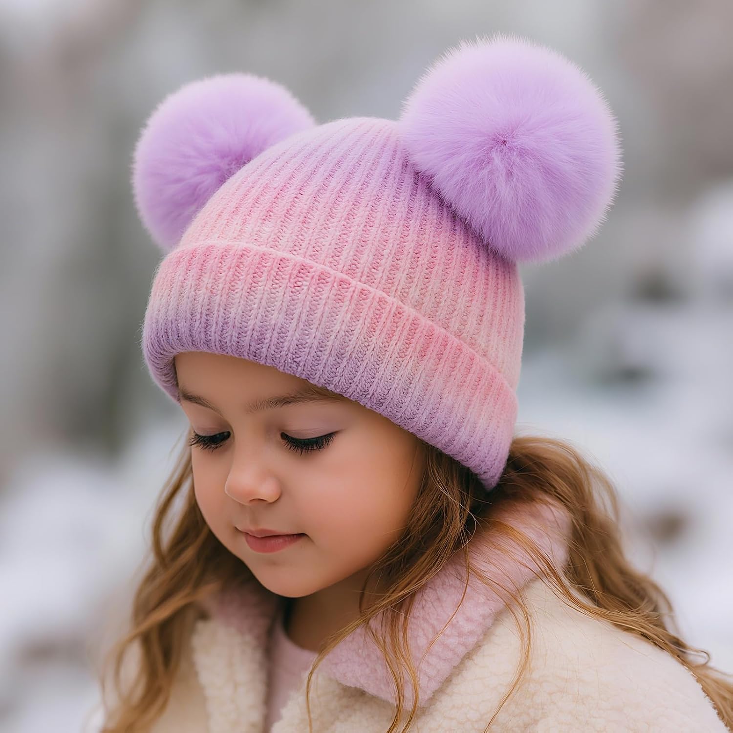 Little Girls Rainbow Beanie Hat and Glove Set Multicolor Knit Pompom Beanies for Winter Snow Ski Caps Age 3-8