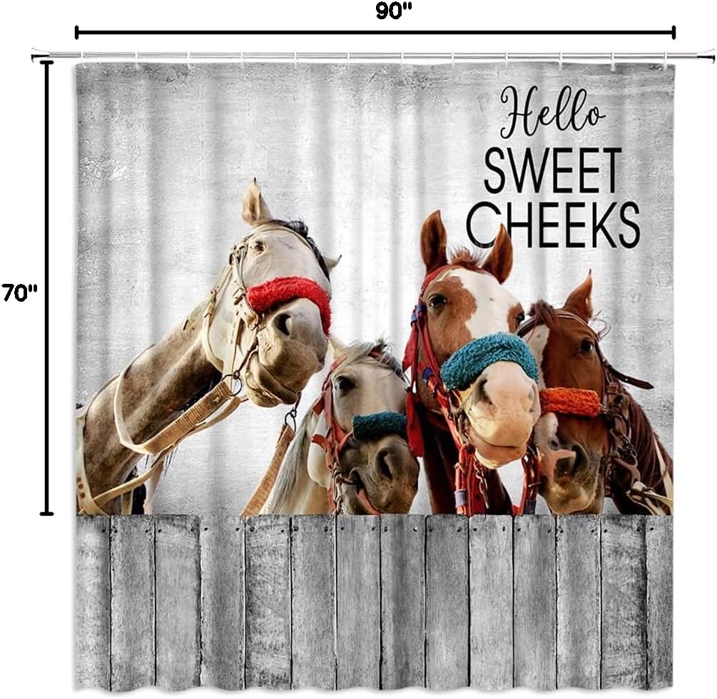 Funny Farmhouse Horse Shower Curtain Fun Rustic Western Farm Animals Cheeks Horse Rustic Country Wooden Board Pattern Bathroom Polyester Fabric Curtains Set with Hooks 90Wx70H Inch