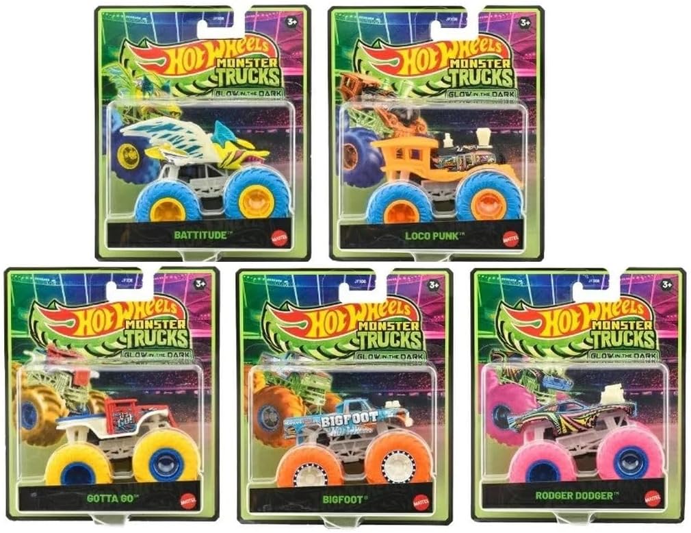 Hot Wheels Monster Trucks Glow in The Dark Collection, Bigfoot, Rodger Dodger, Loco Punk, Gotta Go, Battitude, Die-Cast Vehicles, Ages 3+, 5 Pack JFX08-979B