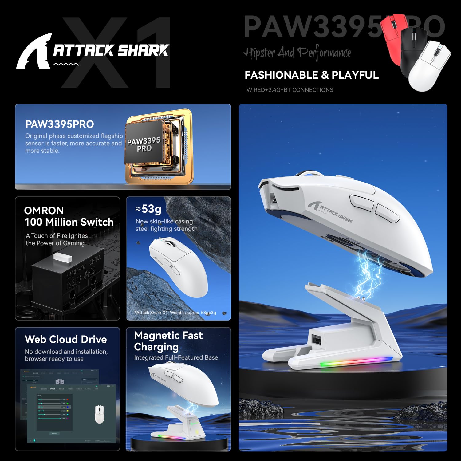 ATTACK SHARK X1 Gaming Mouse with Touchpad RGB Charging Dock, PixArt PAW3395PRO Gaming Sensor, BT/2.4G Wireless/Wired Gaming Mouse, 40000 DPI, 53g Superlight Gamer Mice for Win11/Xbox/PS/Mac (White)