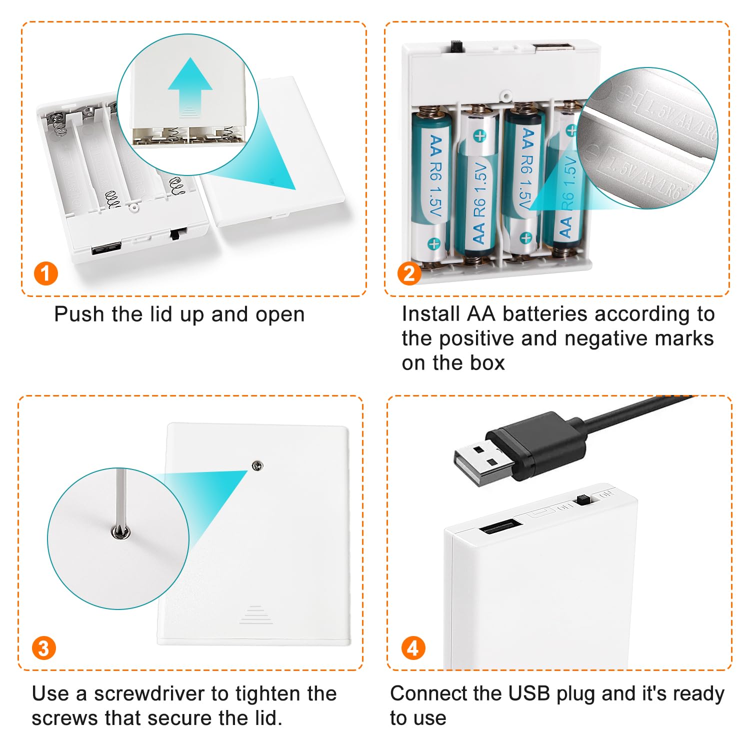 Portabatteria 6V 4x1.5V AA Supporto Batteria con USB Femmina Interruttore On/Off Bianco