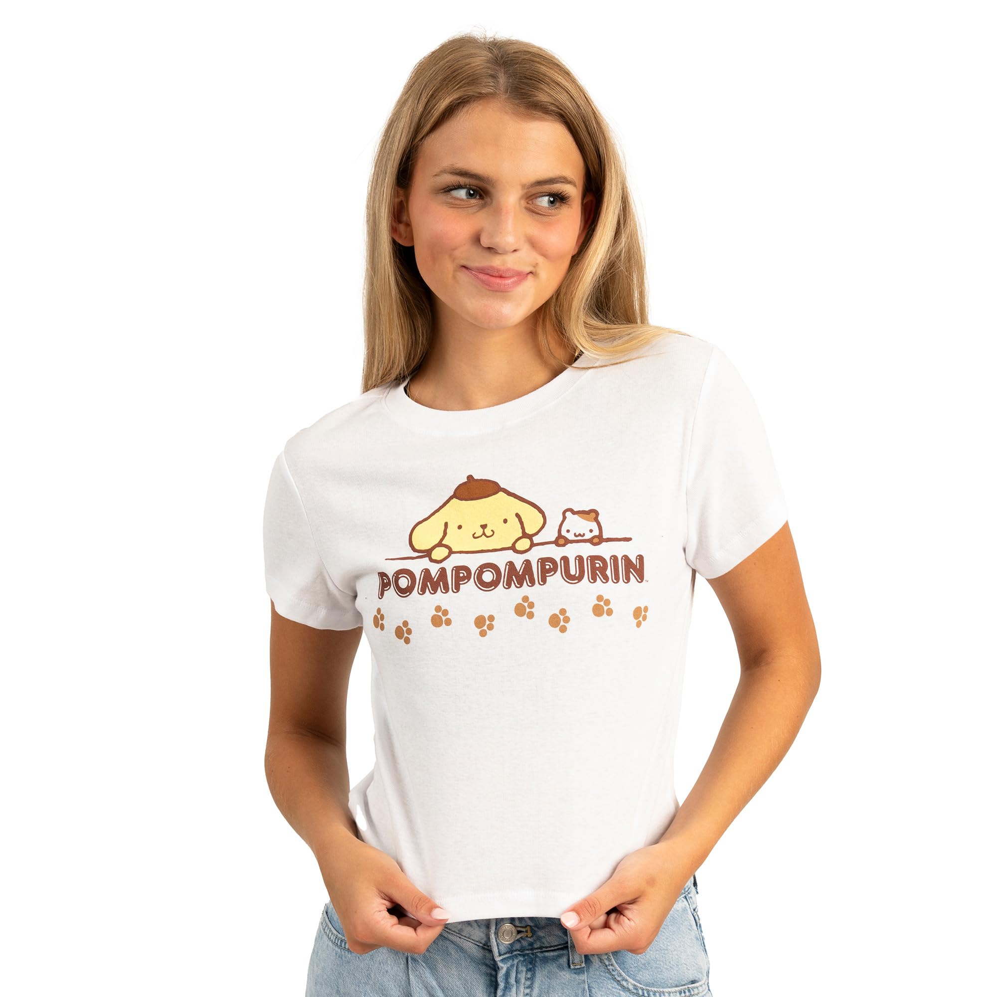 Pom Pom Purin Pom & Muffin Pawprints Crew Neck Short Sleeve Women's White Baby Crop Tee