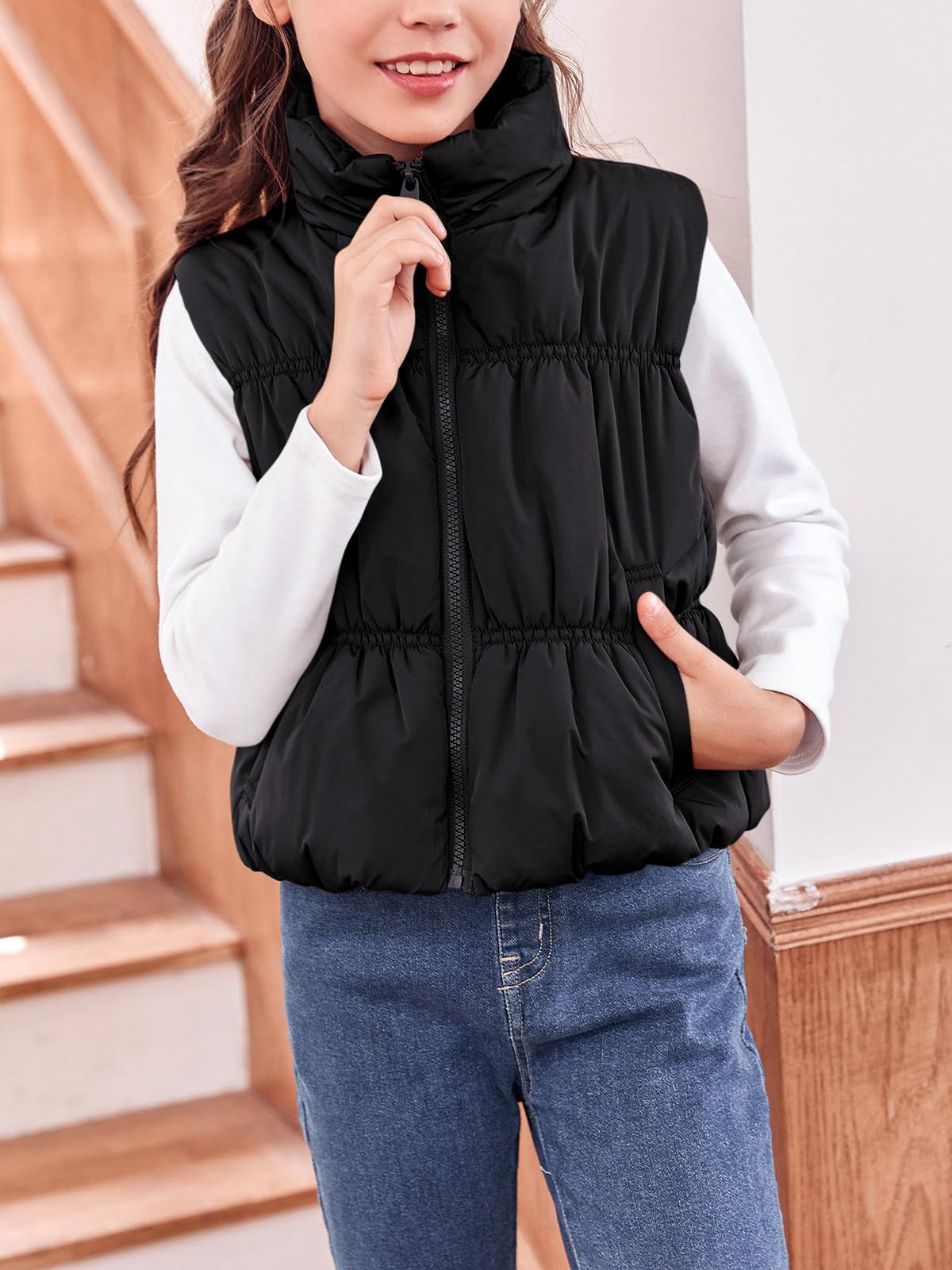 Haloumoning Chaleco de invierno para niñas, cuello alto, sin mangas, cálido, chaleco acolchado para niños, ropa de abrigo linda, chaleco ligero