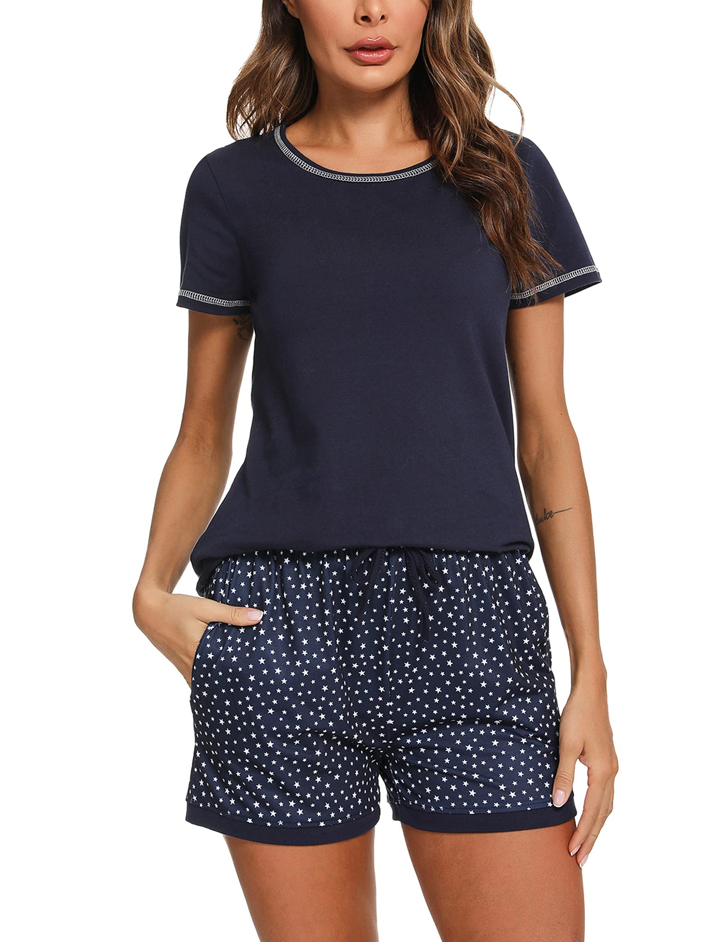 Litherday Schlafanzug Damen Kurz Pyjama Baumwolle Kurzarm Pyjamas Set Sommer Nachtwäsche Zweiteiliger Sleepwear mit Taschen