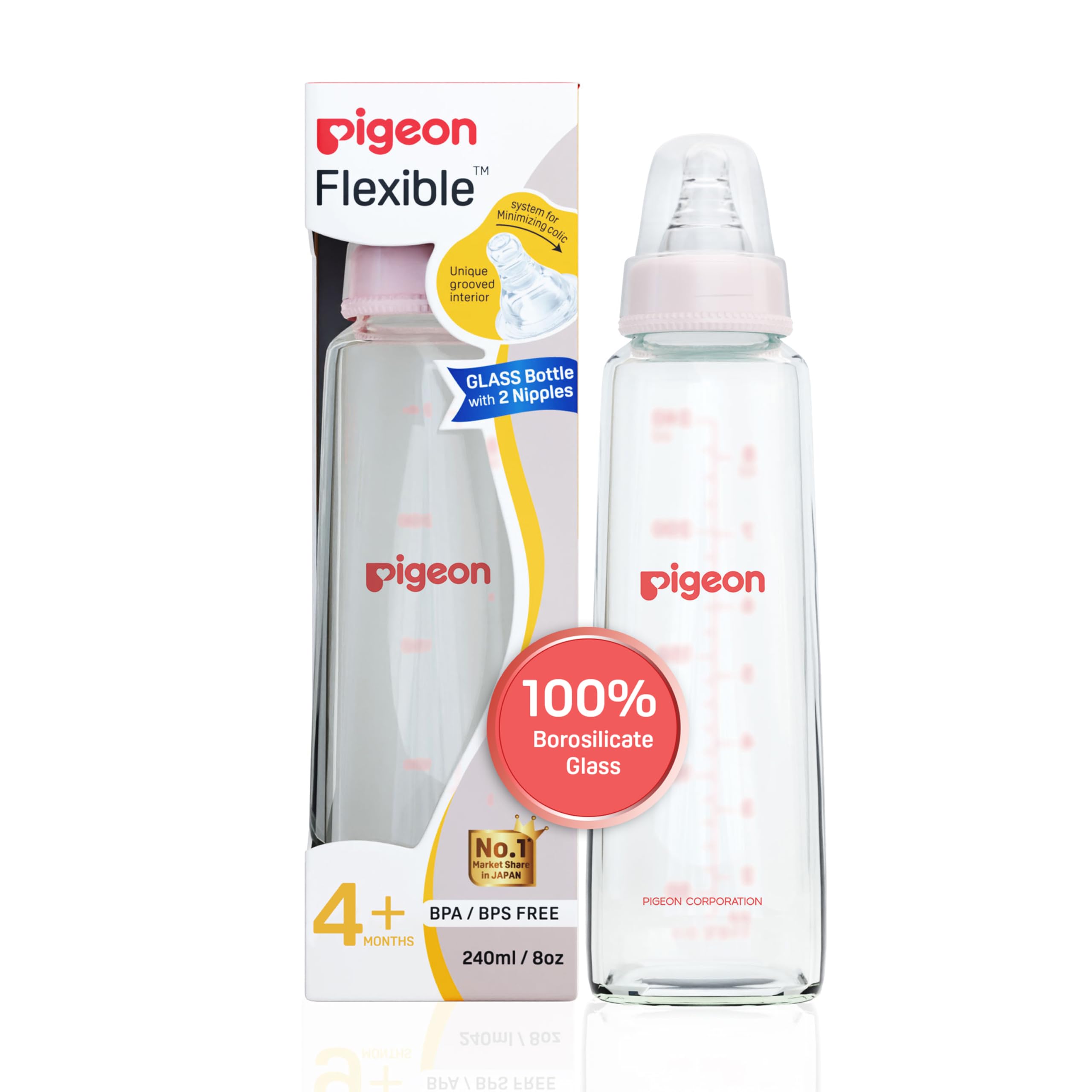 PigeonGlass Feeding Bottle 200ML (Pink) with ADD M