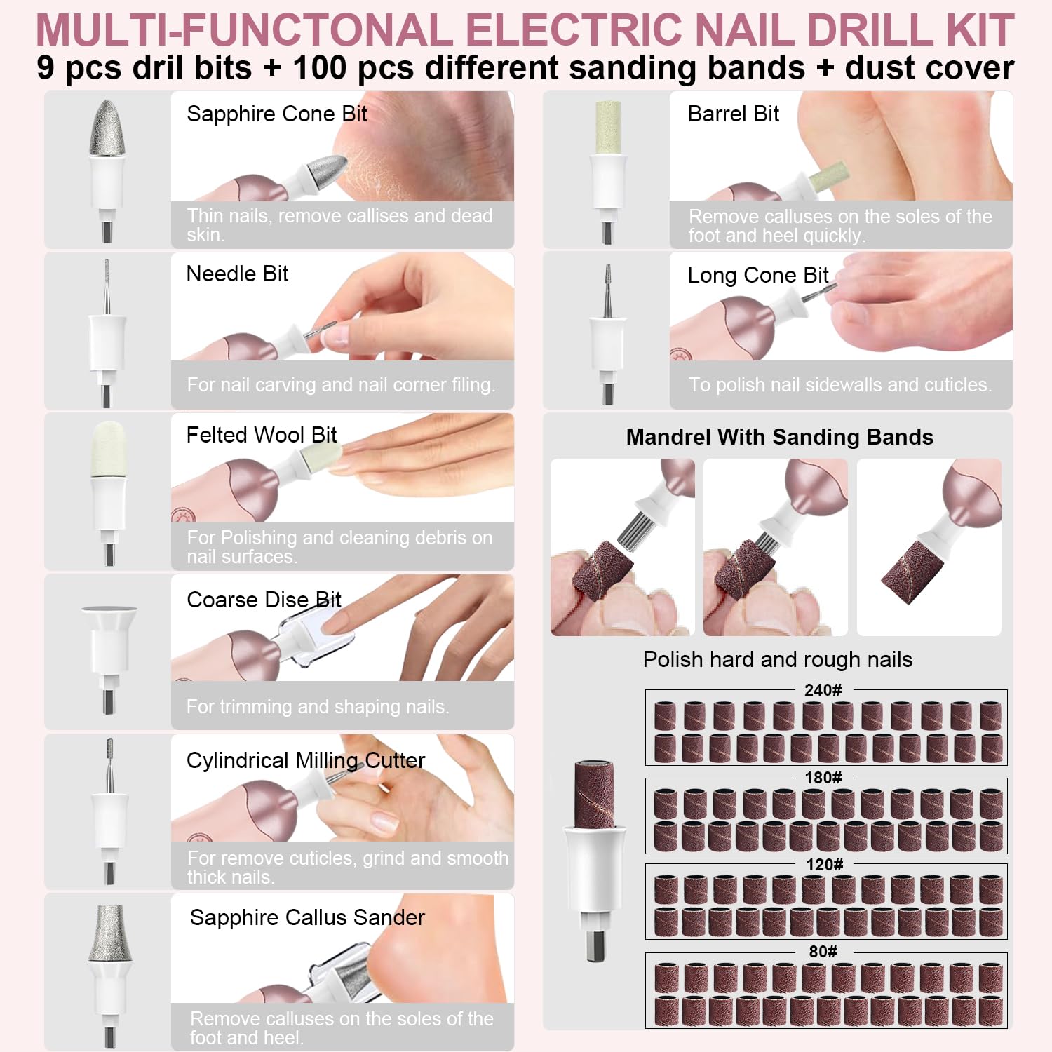 Kit de manicura y pedicura profesional, taladro de uñas inalámbrico 9 en 1 con 100 brocas de uñas, bandas de lijado, molinillo de uñas para humanos, taladro eléctrico de uñas de 5 velocidades, kit de