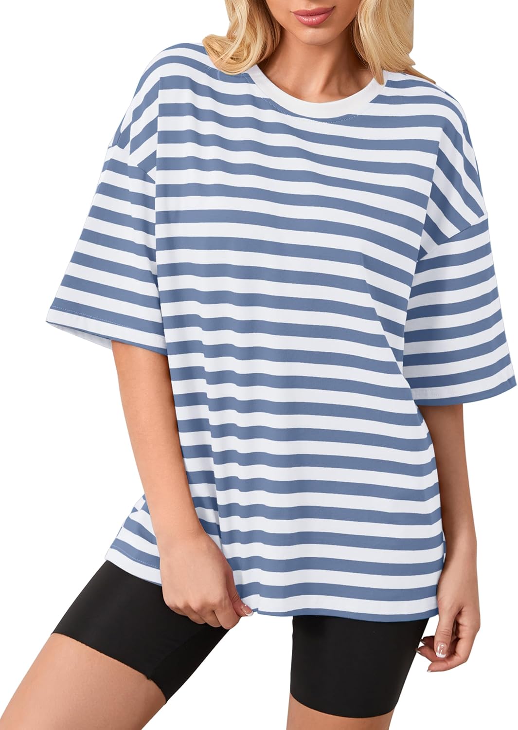 Women Oversized Striped Color Block Short Sleeve Crew Neck T-Shirts Casual Loose Pullover Tops Summer Tee Shirt
