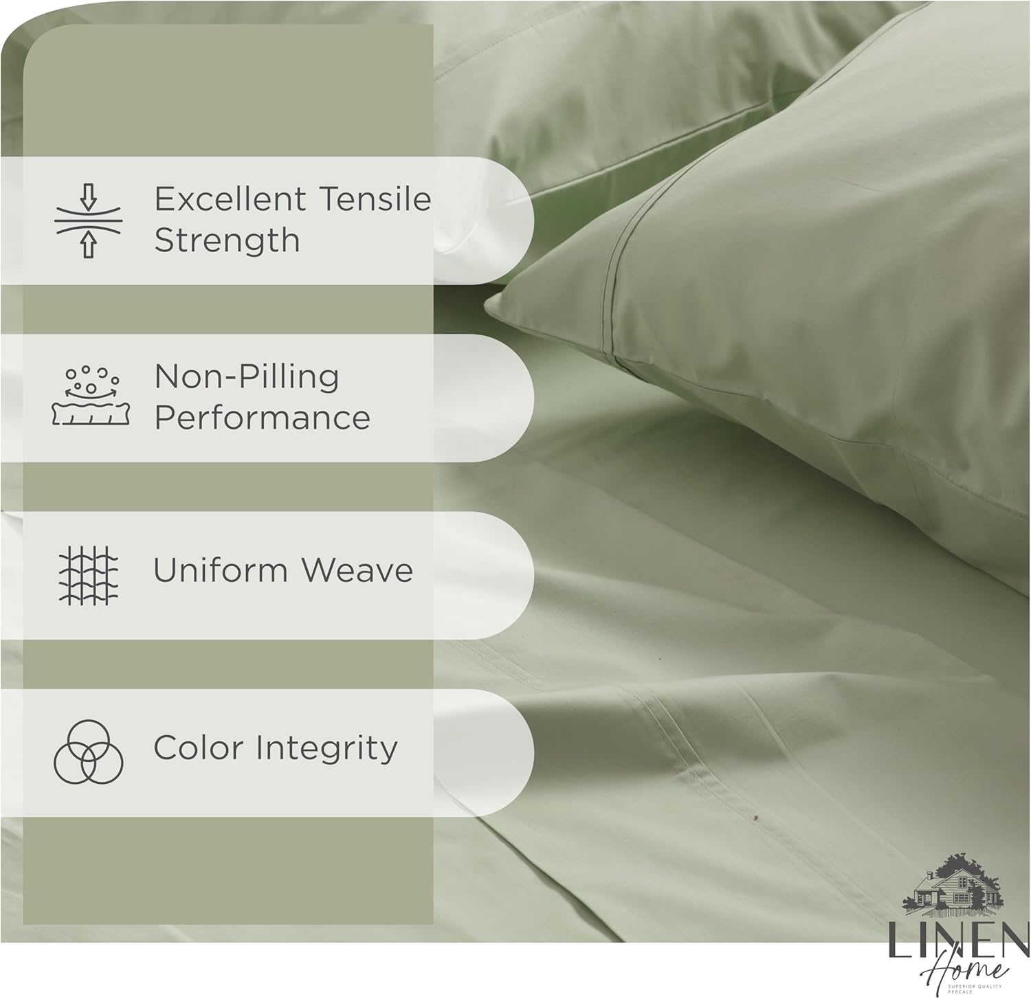 Linen Home 100% Cotton Percale Sheets Twin XL Size, Sage, Deep Pocket, 3 Pieces Set - 1 Flat, 1 Deep Pocket Fitted Sheet and 1 Pillowcase, Crisp Cool and Strong Bed Linen - Image 2