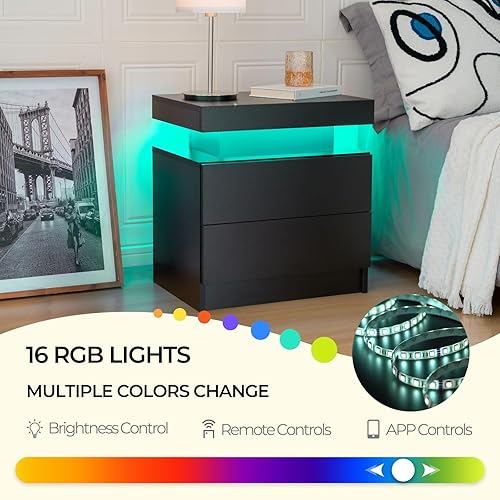 Miniatura 7 de i-aplus Juego de 2 mesitas de noche LED con 2 cajones, mesita de noche con cajones para muebles de dormitorio, mesa de cama lateral con luz LED