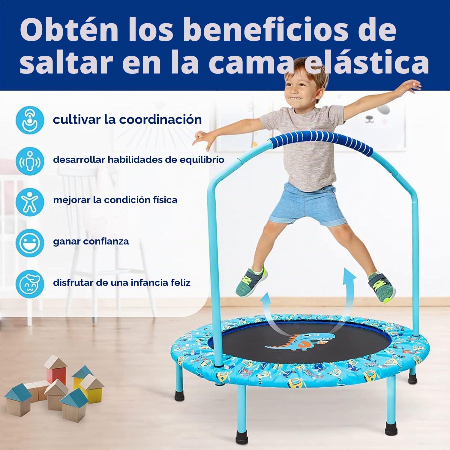 '38'' Trampoline for Kids Mini Trampoline with Adjustable Foam Handle and Safety Padded Cover Foldable Toddler Trampoline Indoor & Outdoor Bungee Rebounder Trampoline for Kids Play and Exercise'