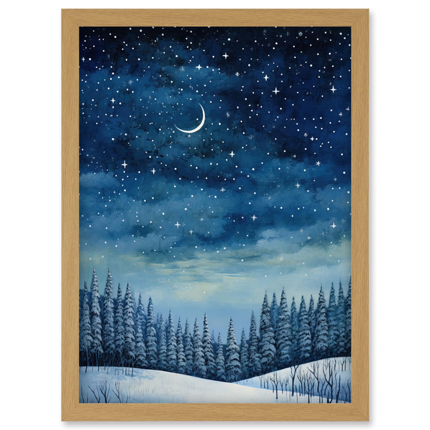 Artery8 Clear Sky Starry Night in Forest Covered with Snow Oil Painting Crescent Moon Winter Landscape Artwork Framed Wall Art Print A4