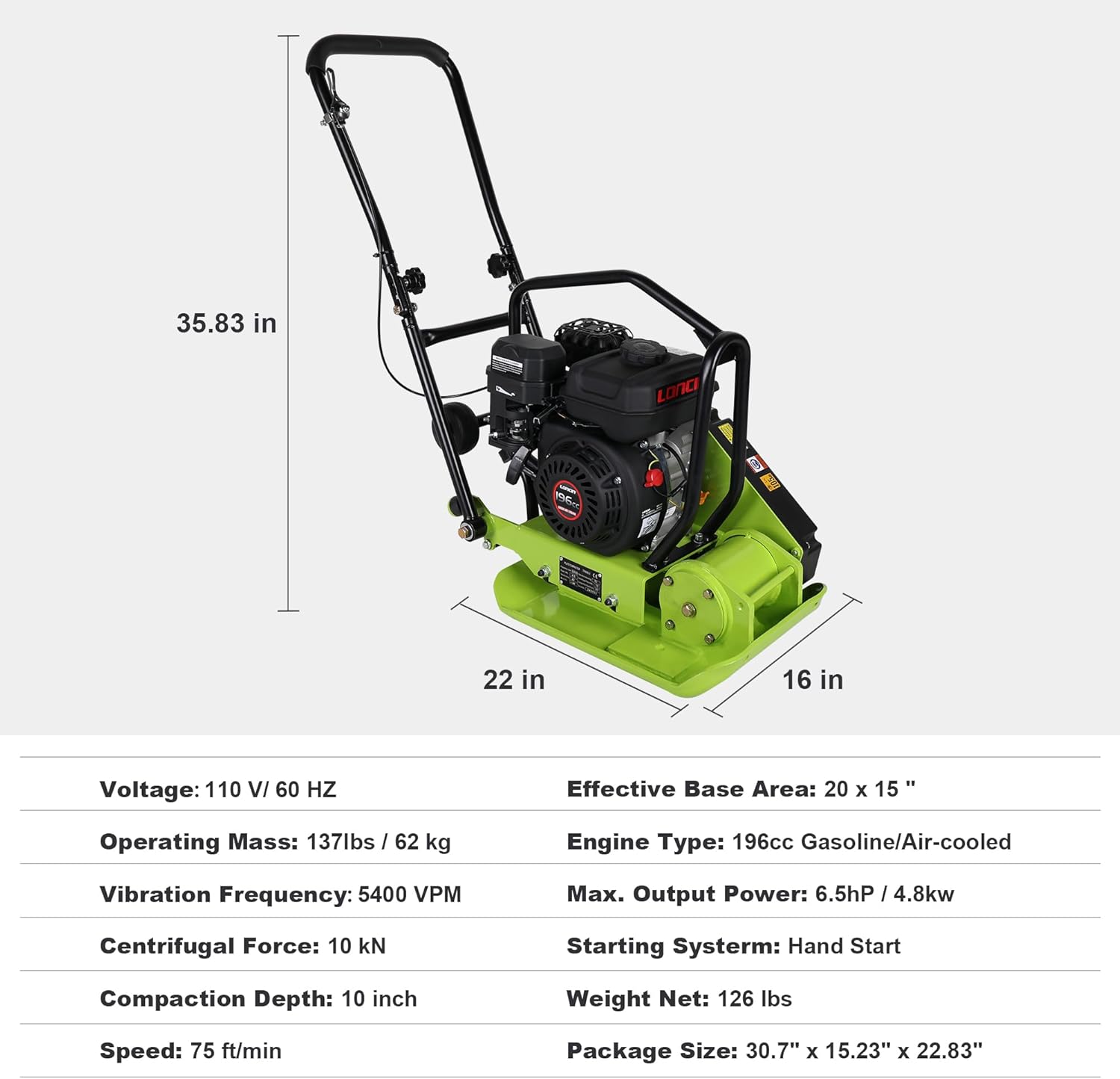 6.5HP Plate Compactor Gas Machine, 196cc Gas Powered Soil Compactor Vibrating 5400VPM, 20" x 15" Plate Tamper Ground Compactors for Walkways Pavers Yard Landscaping, EPA Compliant