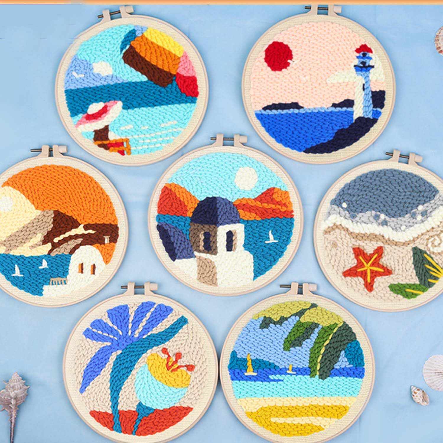 Kit Broderie Punch Needle - Débutant - Motif Arc-en-ciel Et Lune - Tissu Imprimé Et Fils Inclus