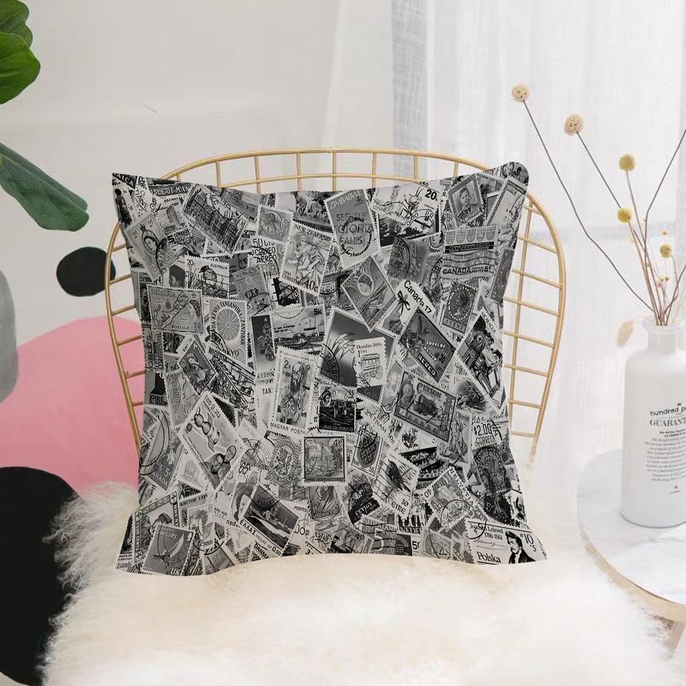 Hyosxw Stamps, Retro, Black And White Collage, Nost - A3 Cushion Cover,Throw Pillow Case Home Decorative For Living Room Bedroom Sofa Chair 18X18 Inch,Stamps, Retro, Black And White Collage, Nostalgic Collection Style,Pillowcase 45X45cm