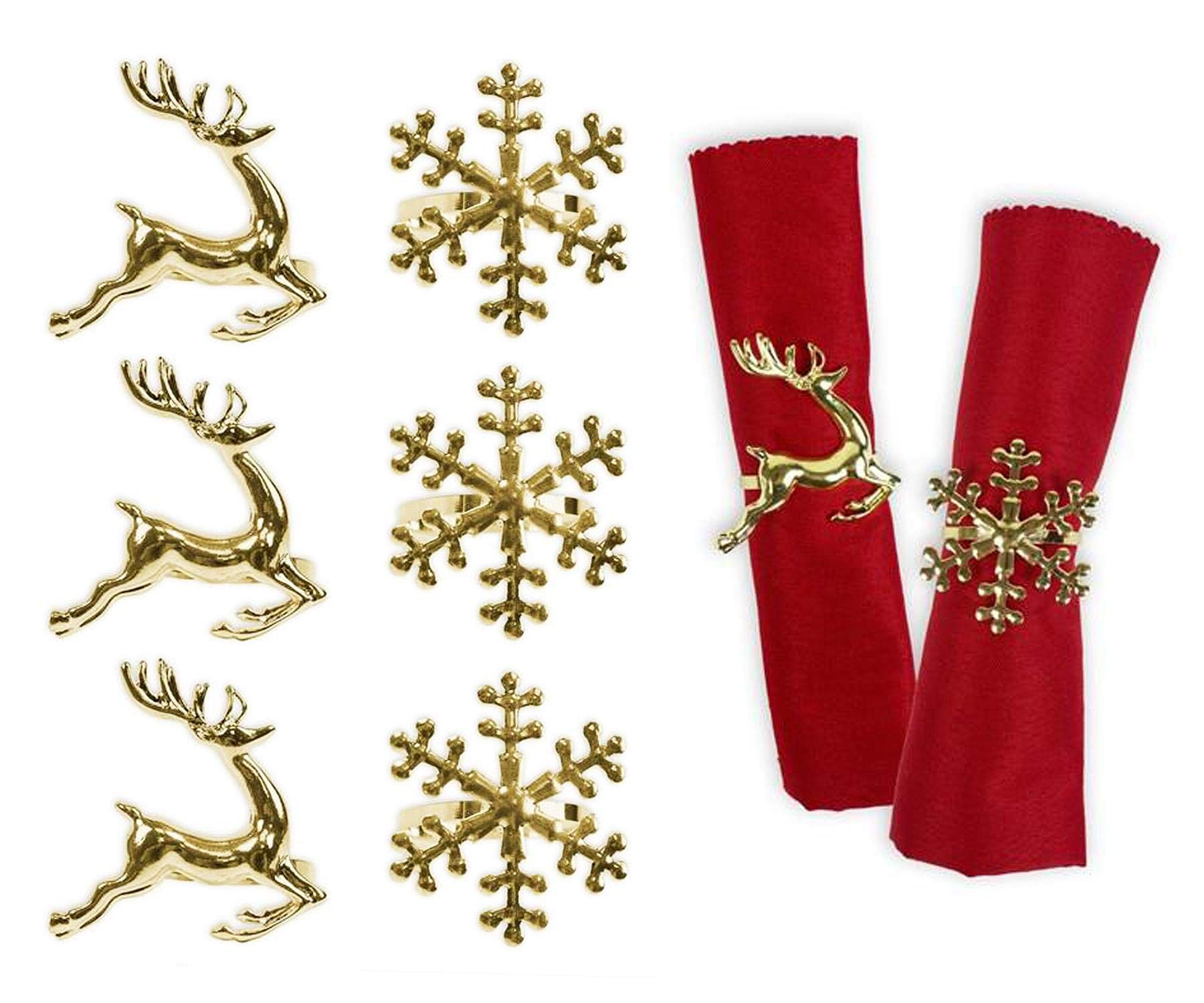 Yöl Gold Reindeer & Snowflake Set Of 6 Napkin Rings Snowflake Reindeer Xmas Gold Metal Elegant Table Set