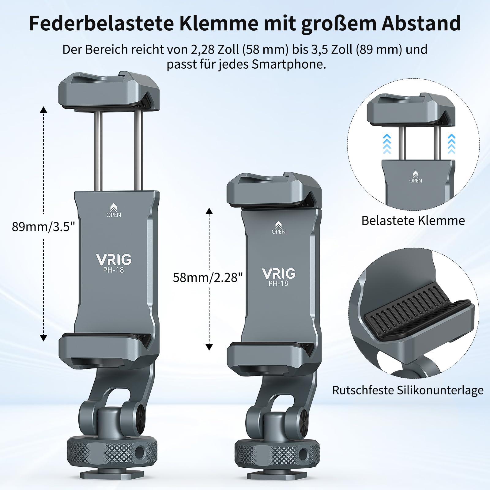 VRIG PH-18 Handyhalterung für Stativ Metall, Auch kompatibel mit Blitzschuh | 360° Drehbarer Handyhalter, 2 Cold Shoe Mount, Kamera Halter für iPhone und Samsung (Blitzschuhadapter & 1/4"-Stativgewinde)
