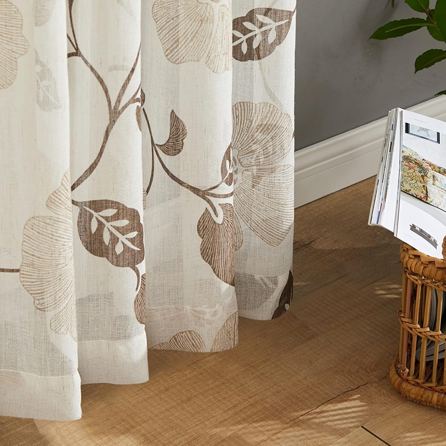 Voile Bedroom Curtain 63 inch Long, Sheer Curtains 2 Panels Transparent Flowers Leaves Brown Window Treatment Living Room Without Drilling 52" W x 63" L