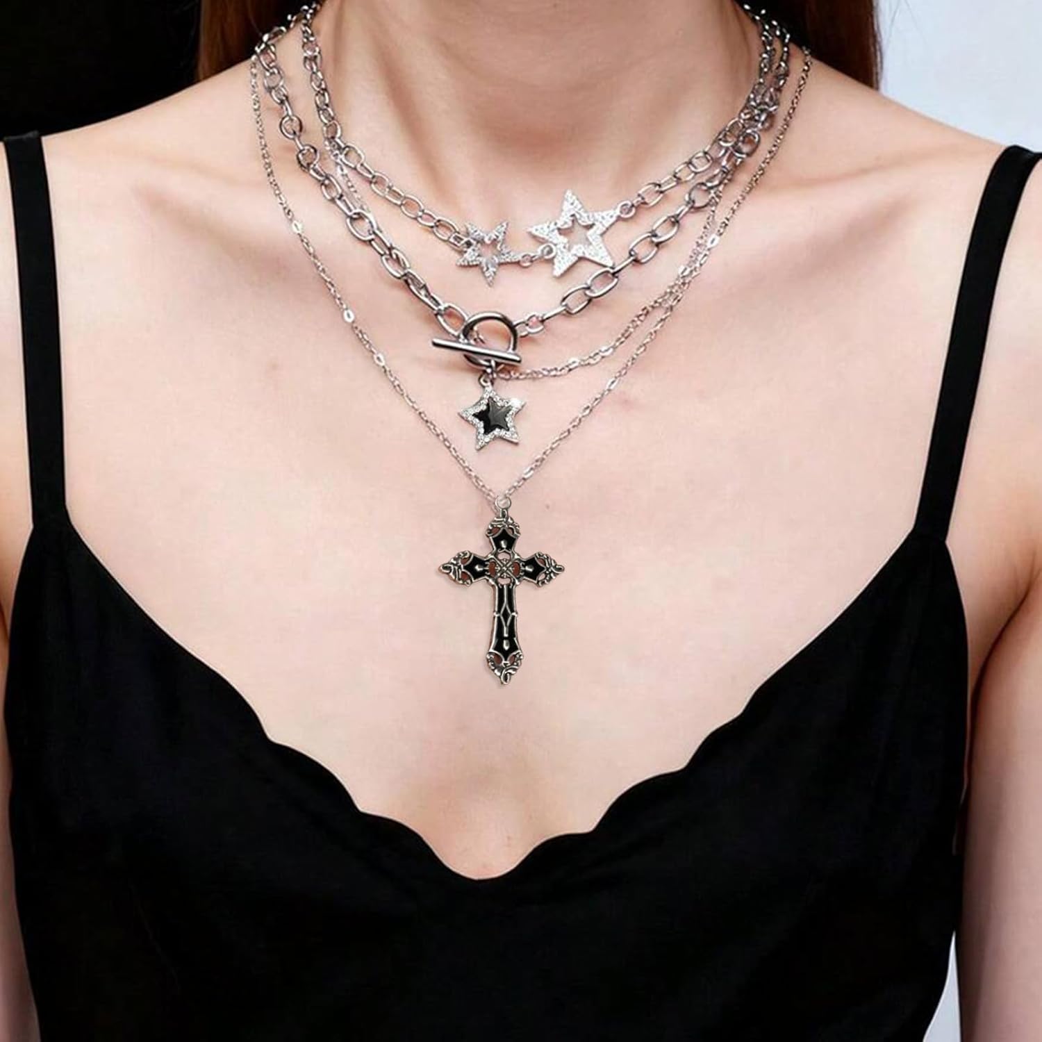 Cross Necklace for Women Y2K Gothic Silver Star Cross Charm Choker Layered Chunky Chain Trendy Dainty Long Punk Necklaces Birthday Jewelry Gifts - Image 3