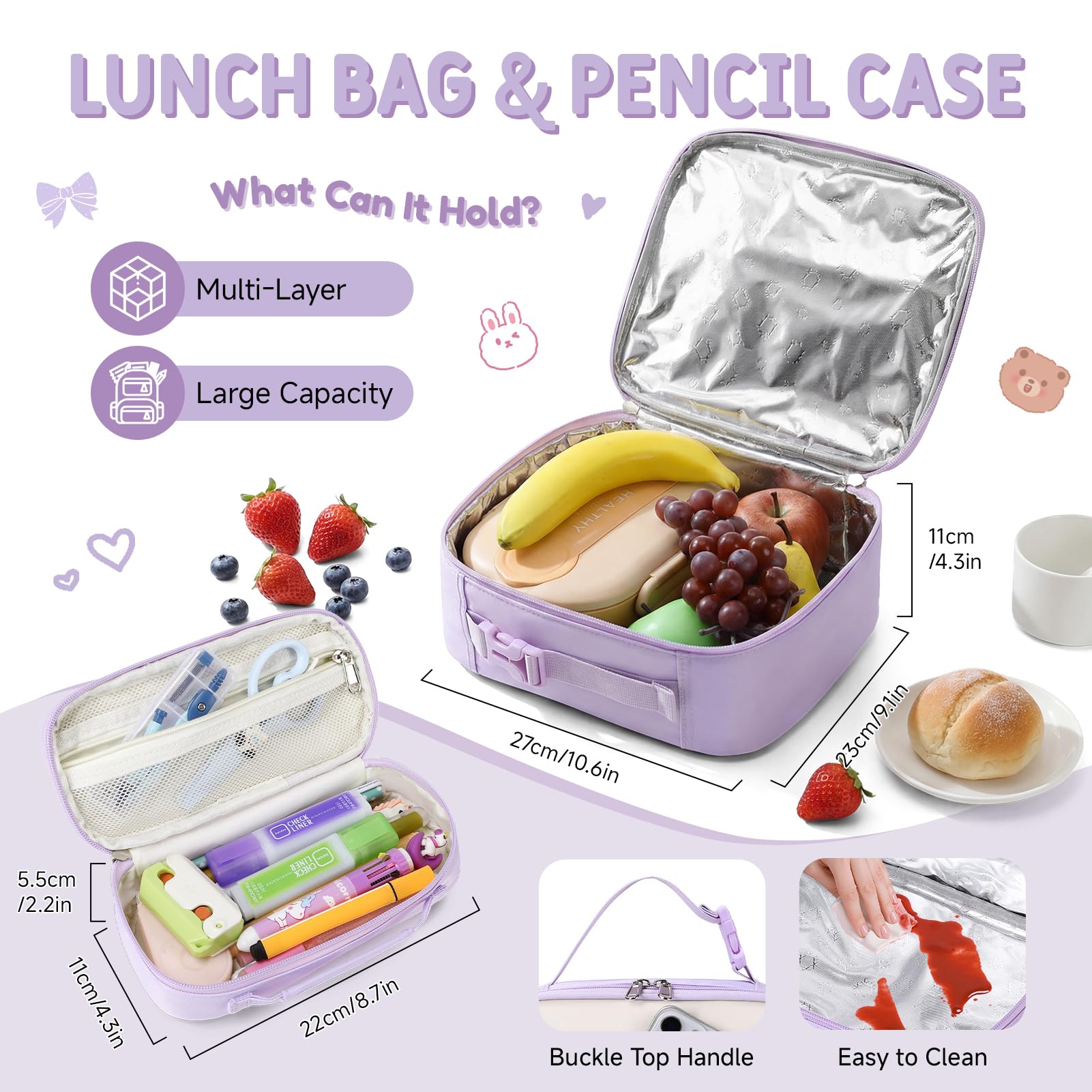 Amythe Schultasche Mädchen Rucksack Kinder, 4-teilig Schulrucksack-Set Atmungsaktiv für Mädchen, Lässiger Schulranzen mit Lunchpaket Mäppchen und Umhängetasche, Lila