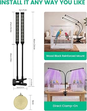Bird Cage Light with UVA UVB, Full Spectrum Bird Lamp for Parrots | Dual-Head, 3 Modes, 4 UVB Levels (1.0-3.5), 24H Timer, 68 LEDs, Solid Wood Perch Included
