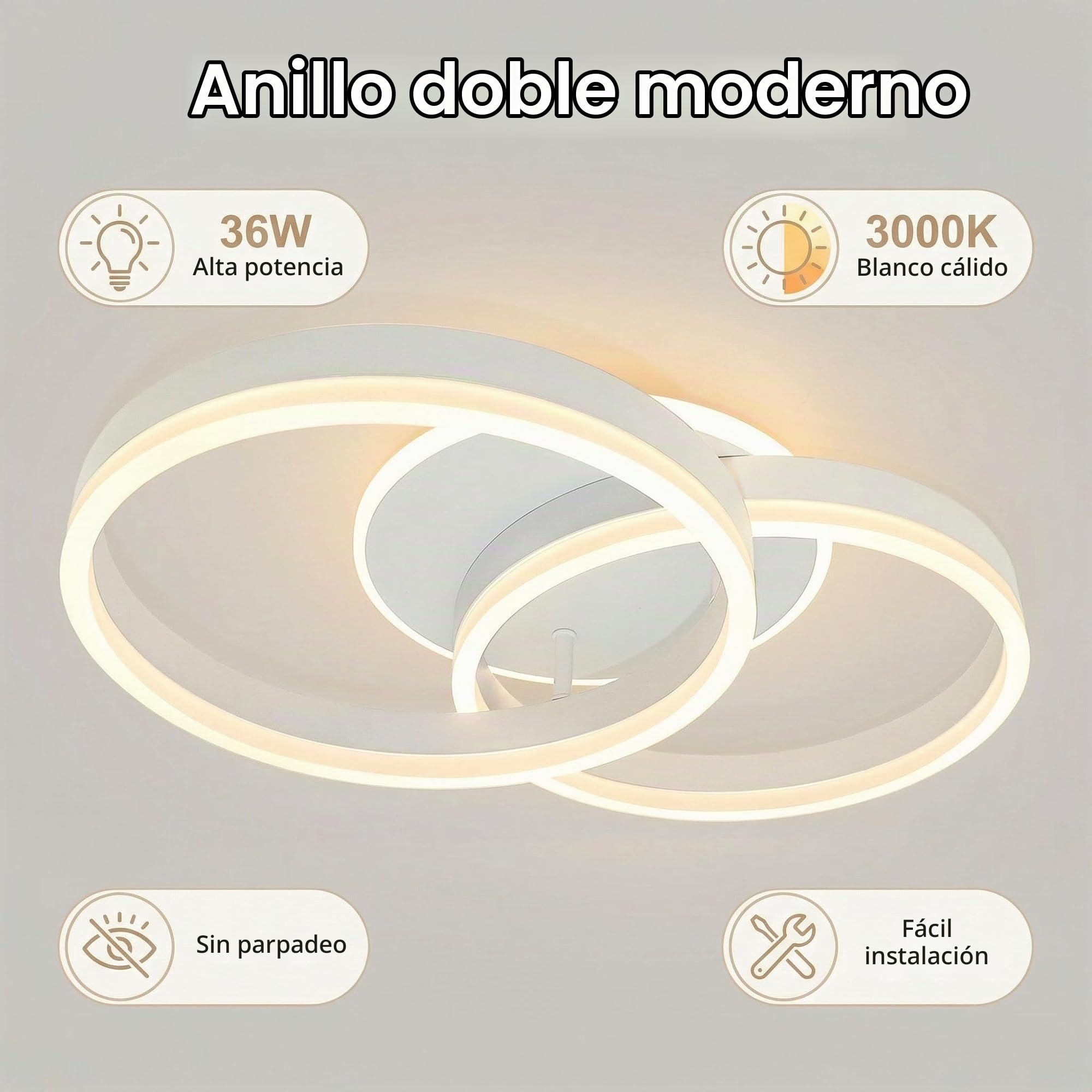 Plafón LED Moderno 2 Anillos 36W 3000K Luz Cálida, Sin Parpadeo, Material Acrílico, Iluminación para Salón, Dormitorio, Oficina, Ahorro de Energía 50CM