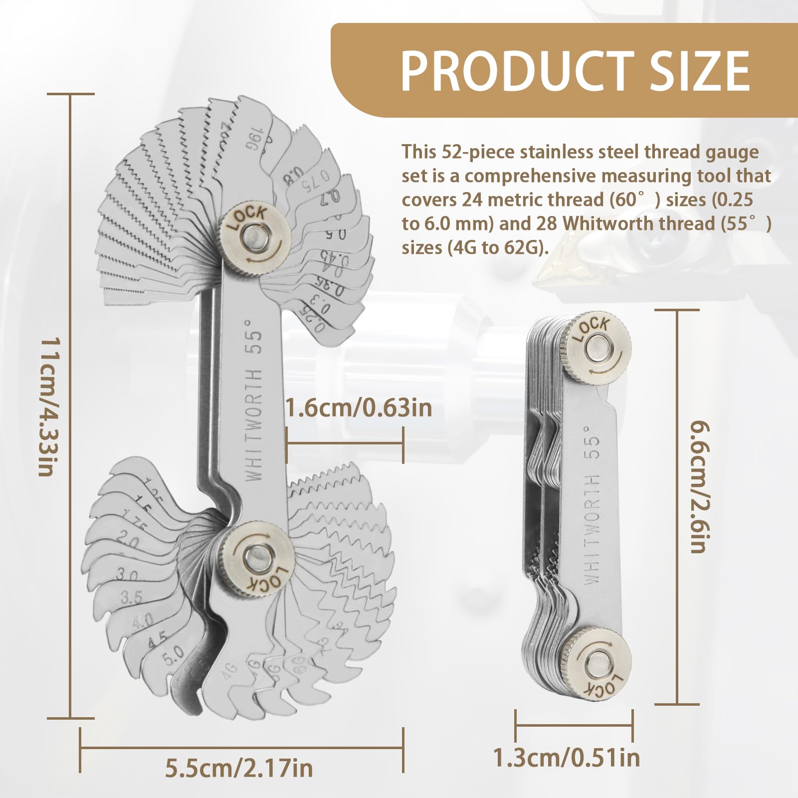 Misuratore di Filettatura 52 Pezzi Calibro a Tappo Filettato Acciaio Inossidabile Metriche 60° Whitworth 55°
