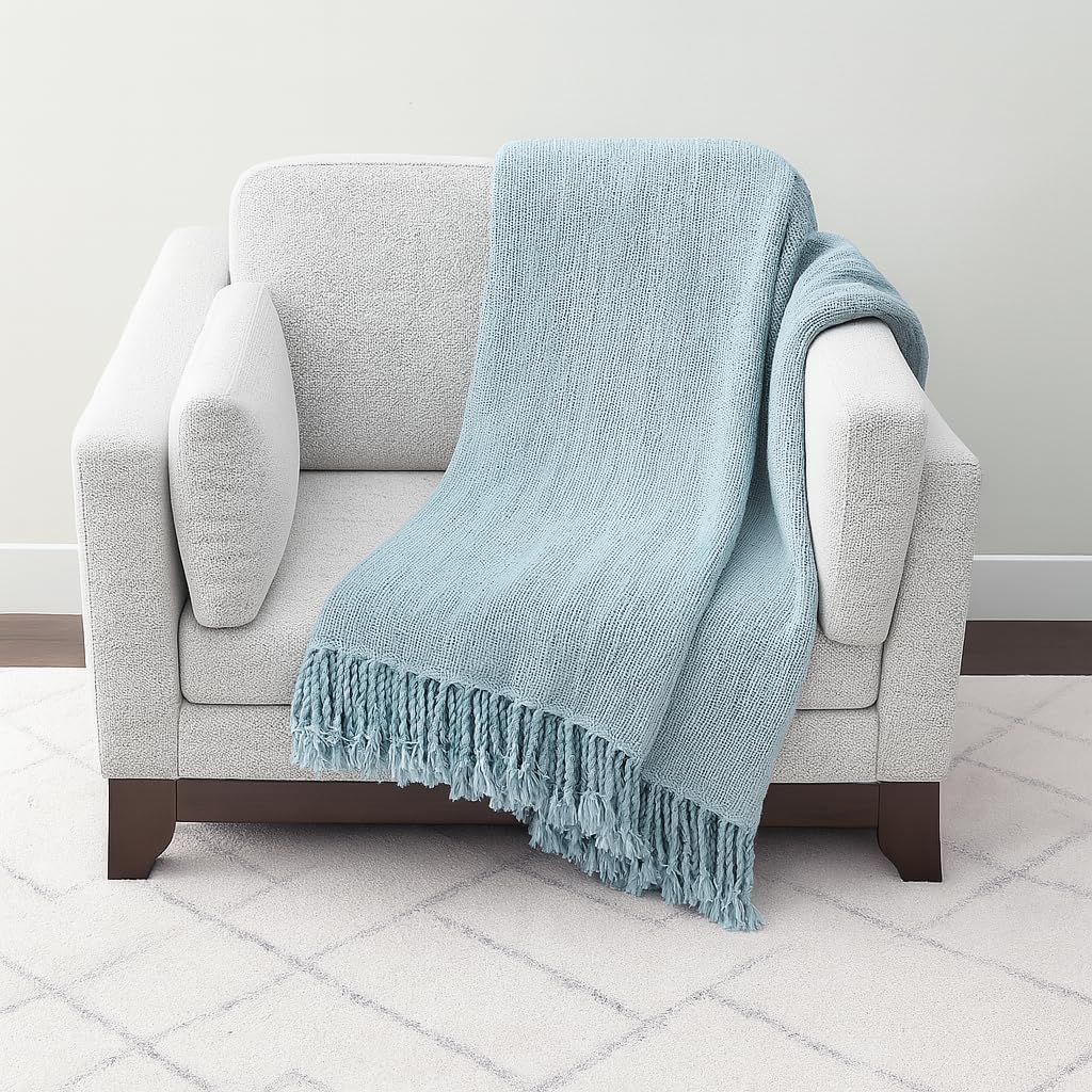 Fennco Styles Aqua Woven Solid Lightweight Throw Blanket with Fringe Design 50" W x 60" L