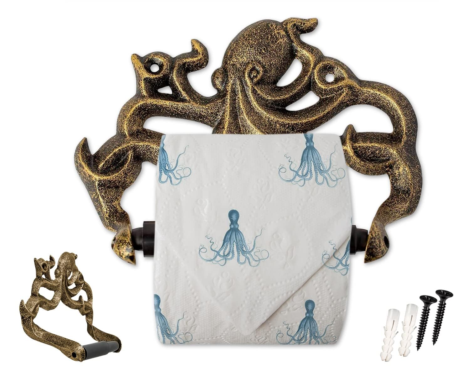 Comfify Gold With Black Decorative Cast Iron Octopus Toilet Paper Roll Holder – Wall Mounted Octopus Décor For Bathroom – Kraken, Nautical Bathroom Accessories – Easy To Install W/Included Screws And Anchors - Gold & Black