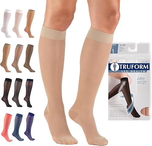 Truform Medias de compresión transparentes, 15-20 mmHg, longitud hasta la rodilla para mujer, 20 denier, color nude, talla S