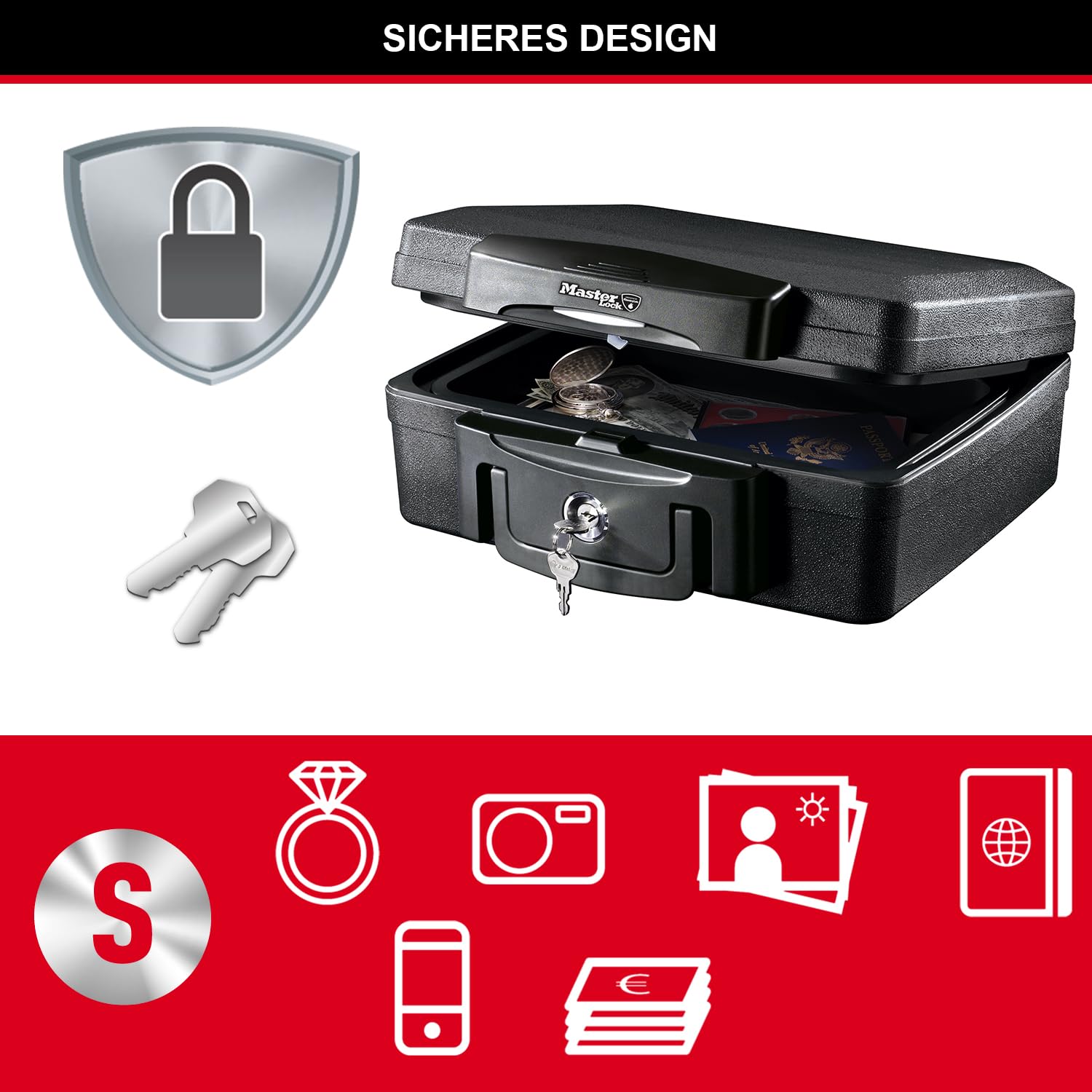 Master Lock Tresor Feuerfest und Wasserdicht mit Schlüssel, Dreifacher Schutz - Flug, Feuer und Flut, 4.9L, 15.6 x 36.2 x 33 cm
