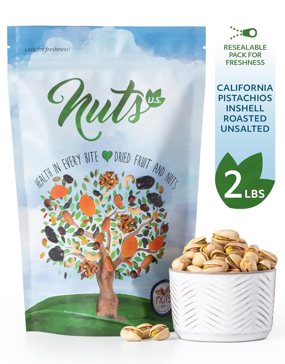 NUTS U.S. – California Pistachios | Roasted & Unsalted | No Wax, No Added Color or Flavor | NON-GMO and Natural | JUMBO SIZE Pistachios In Resealable Bags (2 LBS)