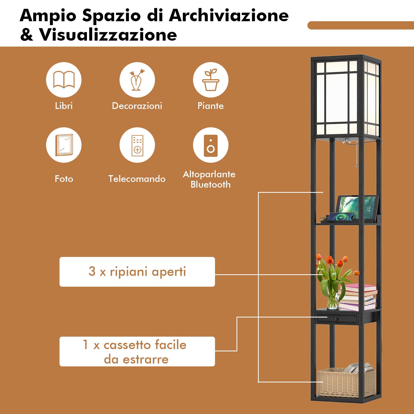 GYMAX Lampada da Terra a Mensola, con 3 Ripiani, Porte di Ricarica USB e 1 Cassetto, per Soggiorno, Camera da Letto, Design Vintage e Moderno, Nero (Stile 1)