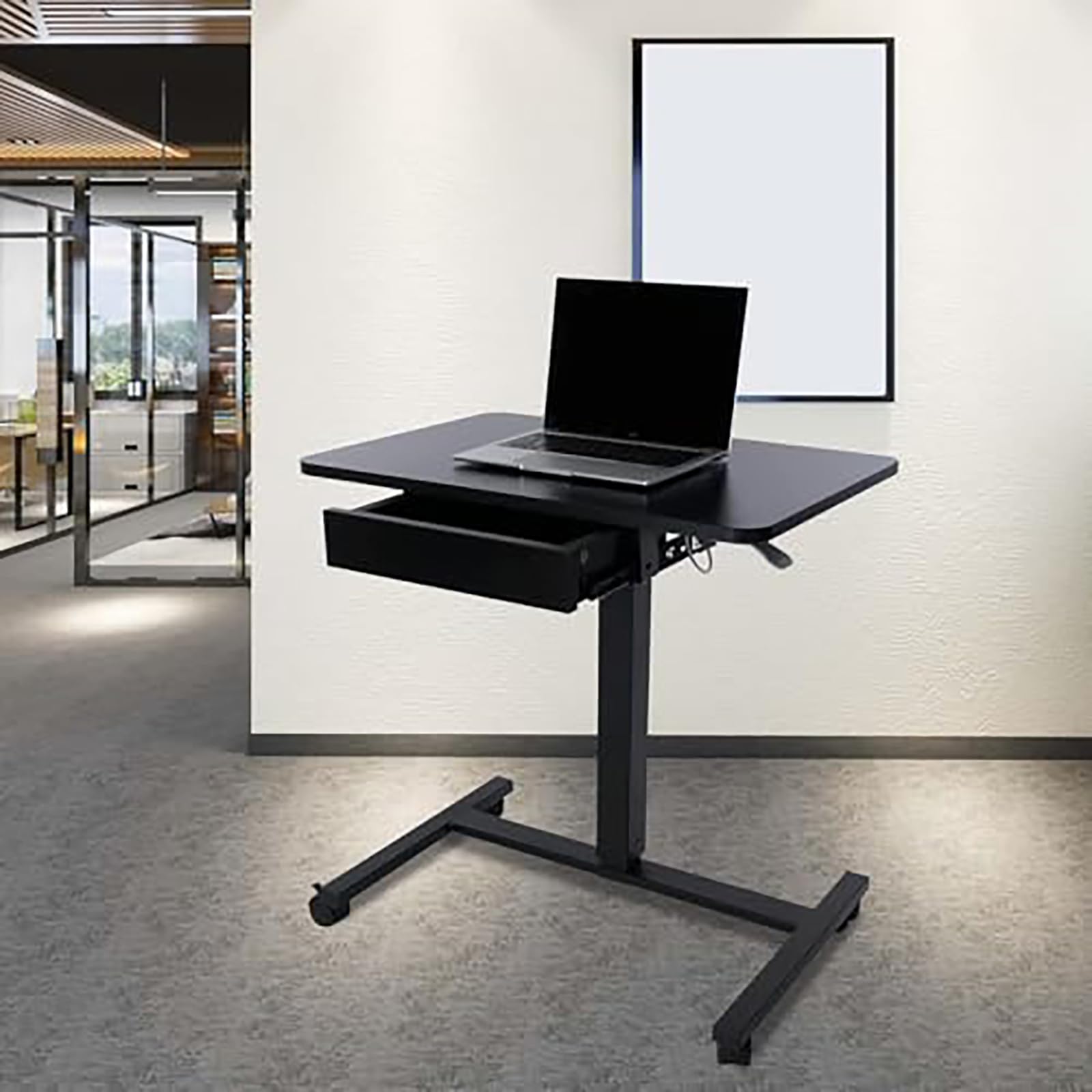 CLATINA Höhenverstellbarer Laptop Tisch mit Feststellrollen Schublade Mobiles Stehpult Überbettisch als Computertisch Arbeitswagen mit Höhenverstellung für Home-Office Seminarraum Schwarz